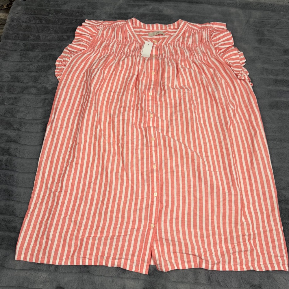 LOFT XL Coral White Striped Ruffle Sleeve Linen Blend Button Down Top NEW